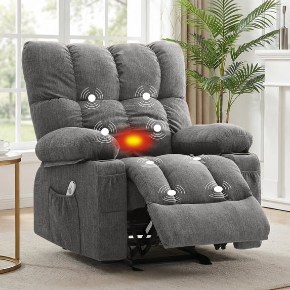 JONPONY Manual Recliner Chair with Heat Therapy and Massage Function, Heavy Duty Reclining Mechanism Massage Chair, Elderly Single Rocker Sofa with Cup Holders for Bedroom Home Theater,Grey
