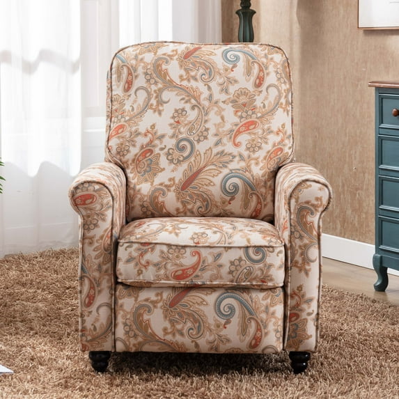 JONPONY Manual Recliner Chair Push Back Upholstered Mid Century Armchair Fabric Sofa Home Theater Couches Wood Legs Home Living Room,Flower