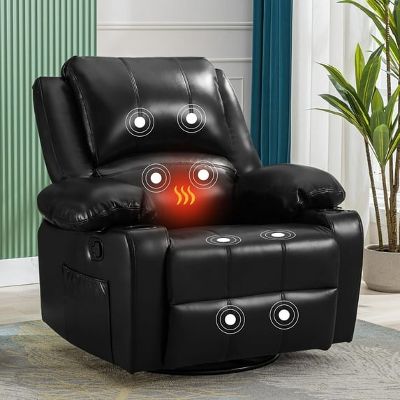 JONPONY Manual Swivel Rocker Recliner Chair with Heat and 8 Point Massage Recliner Chair with Side Pockets, 2 Cup Holders,Black