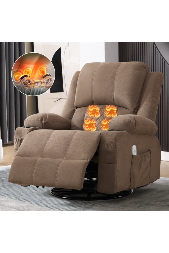 Kneading Massage Rocker Recliner Chair with 4-Point 3D Kneading Massage and Heat Ergonomic Lounge Chair for Living Room with Rocking Function and 2 Cup Holders, USB Charge Port,Brown