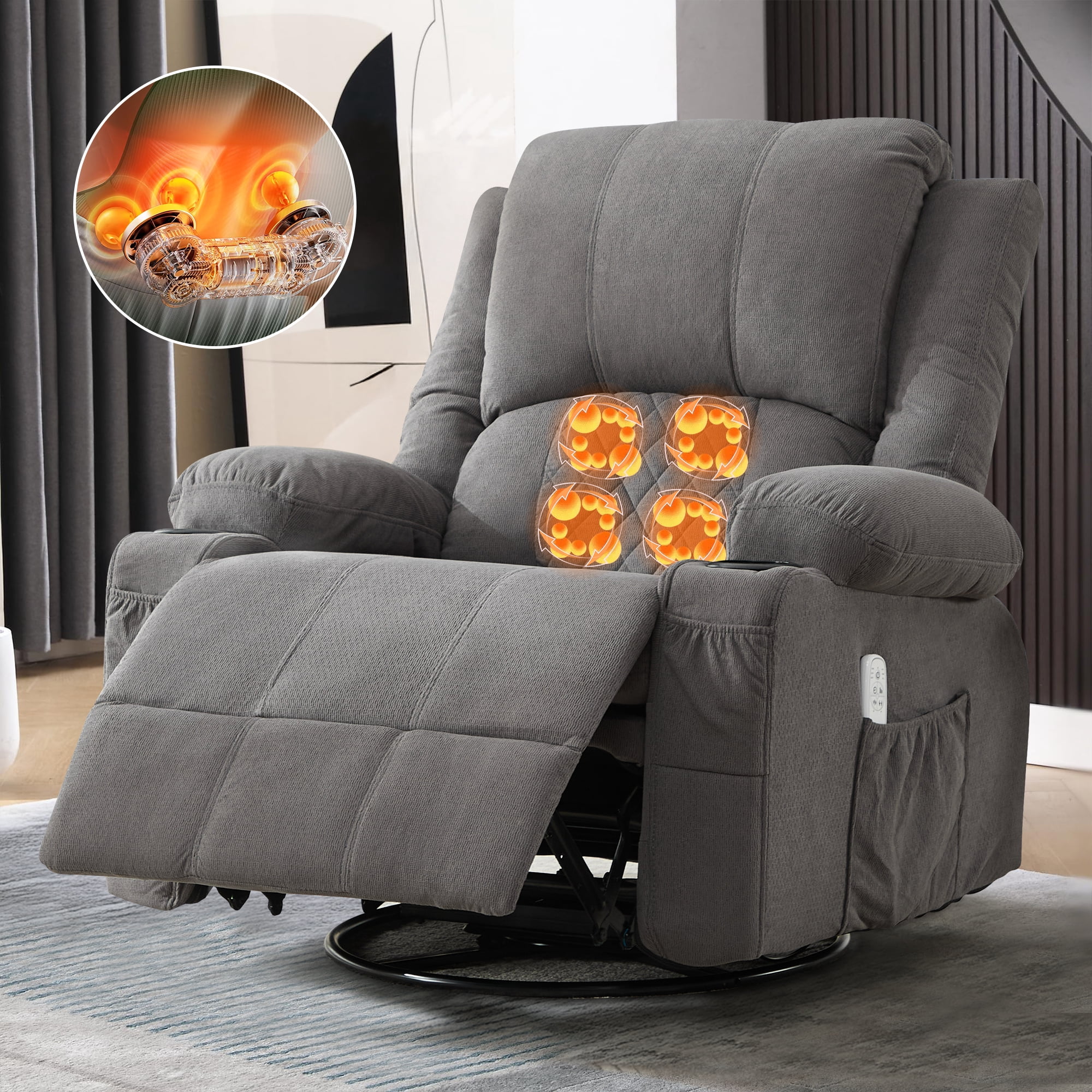 JONPONY Kneading Massage Rocker Recliner Chair with 4-Point 3D Kneading Massage and Heat Ergonomic Lounge Chair for Living Room with Rocking Function and 2 Cup Holders, USB Charge Port,Gray