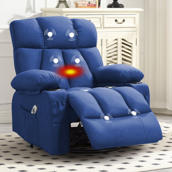 JONPONY Massage Rocker Recliner Chair with Vibration Massage and Heat Ergonomic Lounge Chair for Living Room with Rocking Function and Side Pocket, 2 Cup Holders, USB Charge Port,Blue