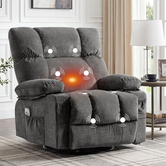 JONPONY Massage Rocker Recliner Chair with Vibration Massage and Heat Ergonomic Lounge Chair for Living Room with Rocking Function and Side Pocket, 2 Cup Holders, USB Charge Port,Grey