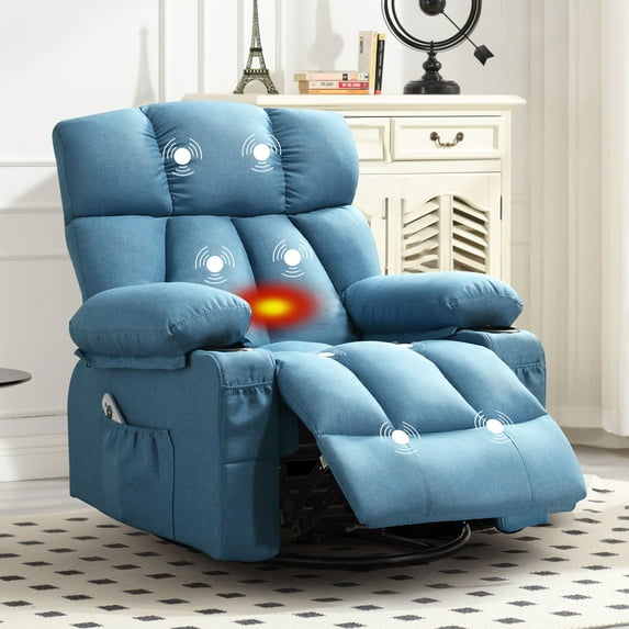JONPONY Massage Rocker Recliner Chair with Vibration Massage and Heat Ergonomic Lounge Chair for Living Room with Rocking Function and Side Pocket, 2 Cup Holders, USB Charge Port,Ligth Blue