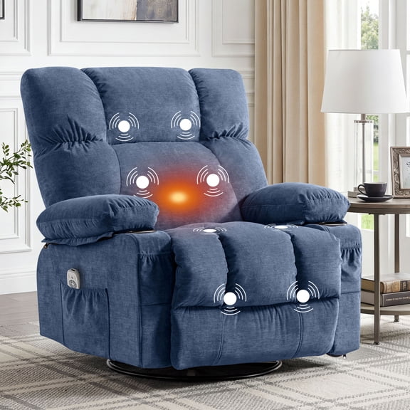 JONPONY Massage Rocker Recliner Chair with Vibration Massage and Heat Ergonomic Lounge Chair for Living Room with Rocking Function and Side Pocket, 2 Cup Holders, USB Charge Port,Blue