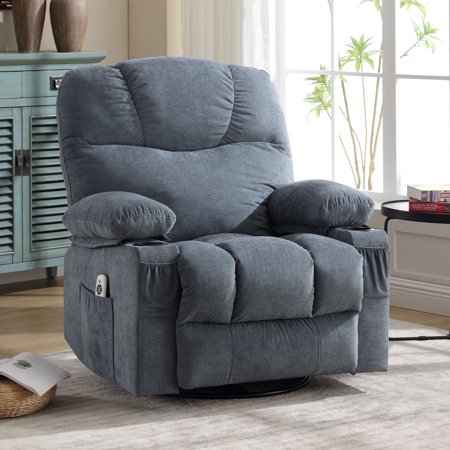 JONPONY Massage Rocker Recliner Chair with Vibration Massage and Heat for Living Room Swivel Recliner Chair with Rocking Function and 2 Cup Holders, Side Pocket, USB Charge Port, Blue