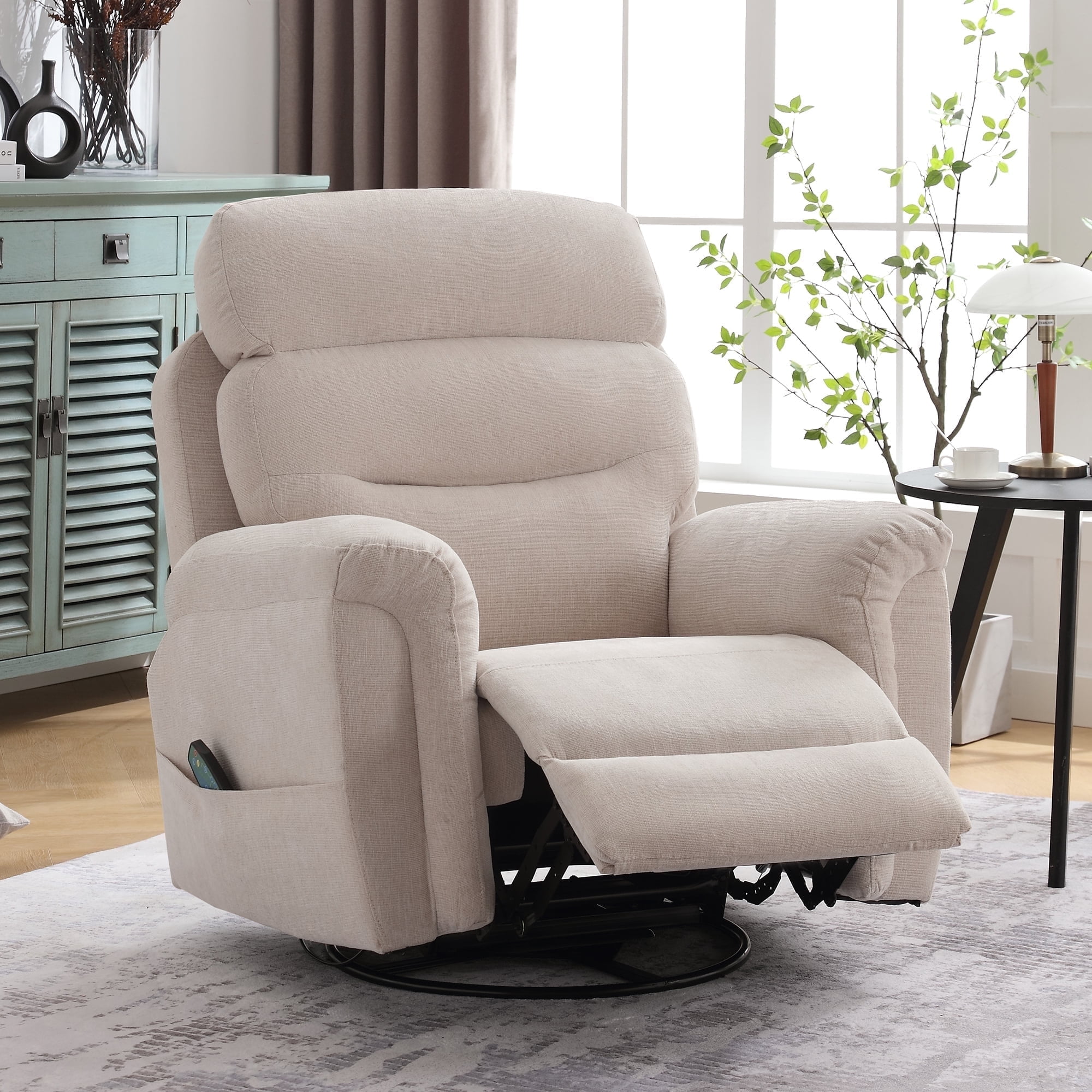 JONPONY Massage Rocker Recliner Chair with Vibration Massage and Heat for Living Room Swivel Recliner Chair with Rocking Function, Side Pocket, USB Charge Port, Beige