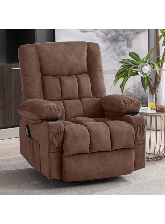 JONPONY Massage Swivel Rocker Recliner Chair with Vibration Massage and Heat Ergonomic Lounge Chair for Living Room with Rocking Function and Side Pocket, 2 Cup Holders, USB Charge Port,Brown