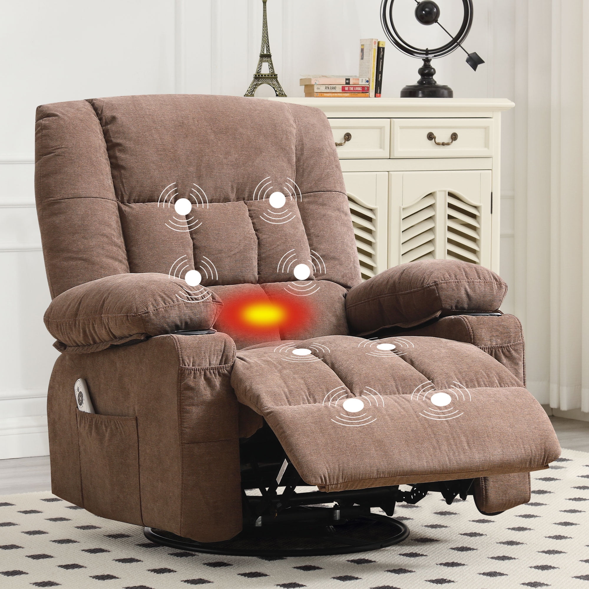 JONPONY Massage Swivel Rocker Recliner Chair Vibration Massage Heat Ergonomic Lounge Chair Living Room Rocking Function Side Pocket 2 Cup Holders USB
