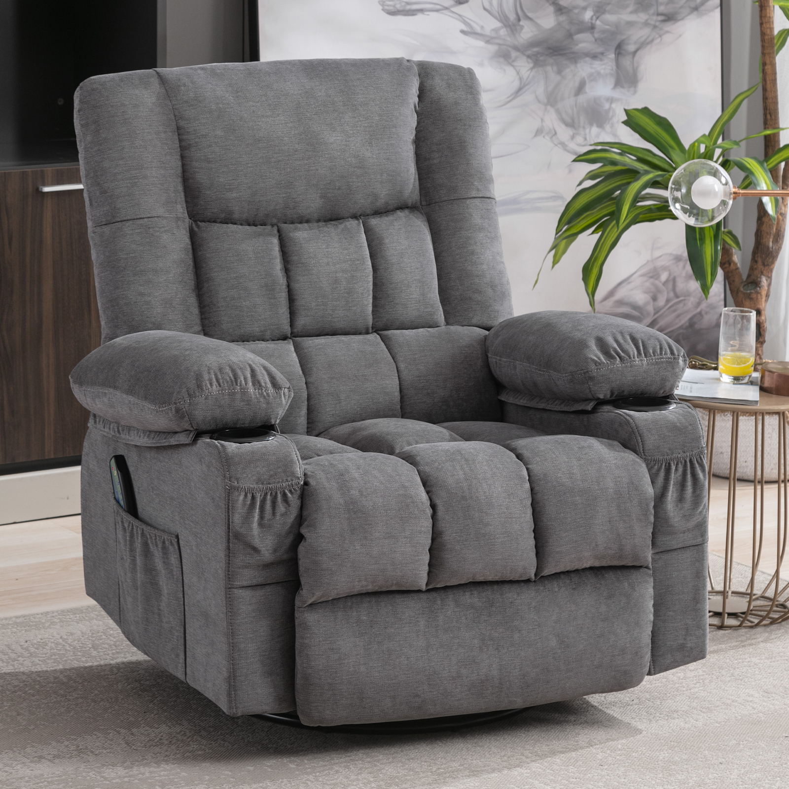 Lacoo Swivel Rocker Recliner with Massage and Heat, Brown Fabric