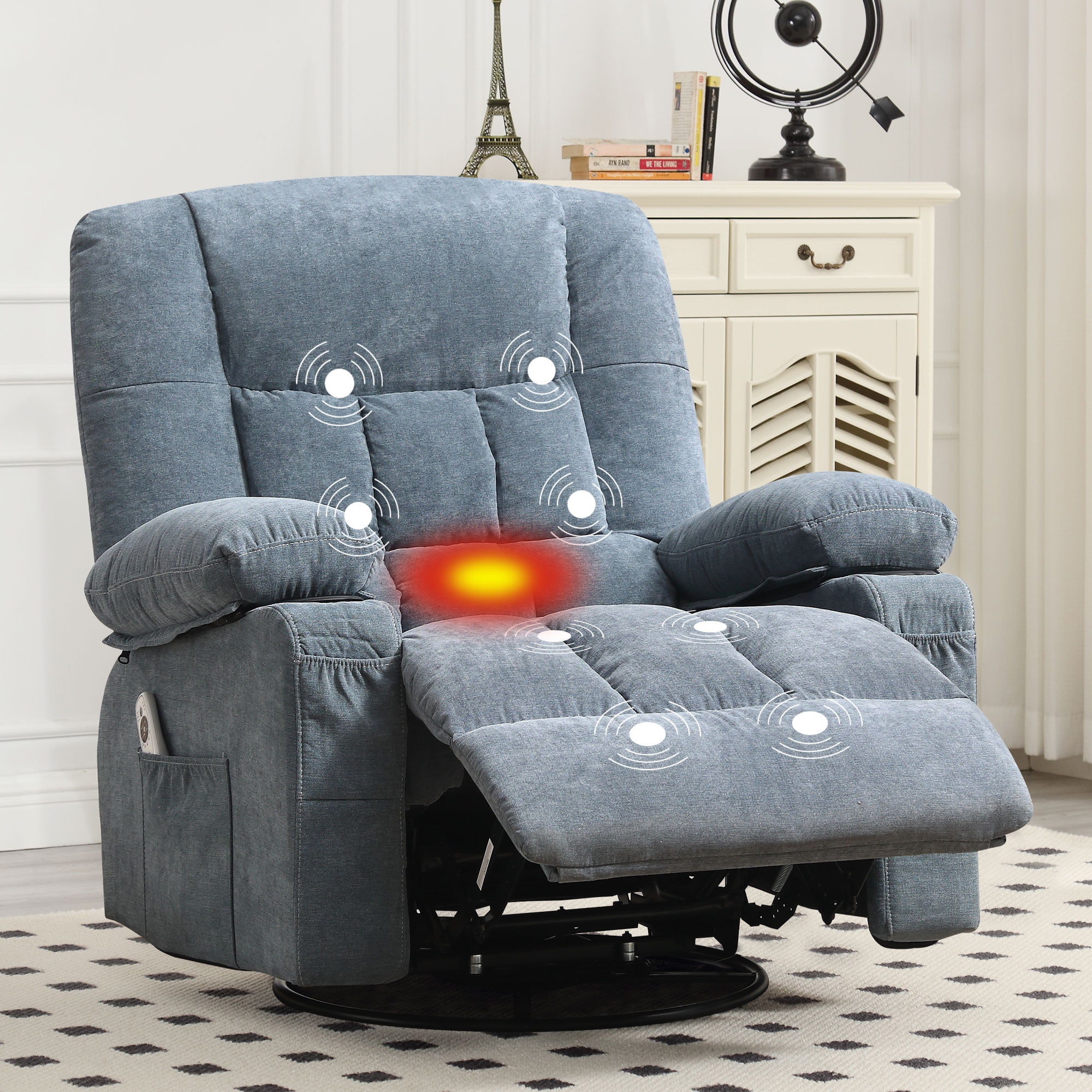 JONPONY Massage Swivel Rocker Recliner Chair Vibration Heat Ergonomic Lounge Living Room Rocking Function Side Pocket 2 Cup Holders USB Charge Port B