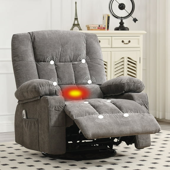 JONPONY Massage Swivel Rocker Recliner Chair with Vibration Massage and Heat Ergonomic Lounge Chair for Living Room with Rocking Function and Side Pocket, 2 Cup Holders, USB Charge Port,Grey