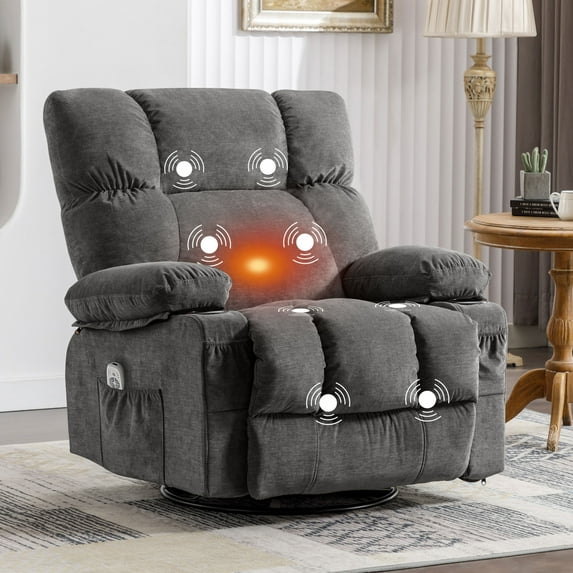 JONPONY Massage Swivel Rocker Recliner Chair with Vibration Massage and Heat Ergonomic Lounge Chair for Living Room with Rocking Function and Side Pocket, 2 Cup Holders, USB Charge Port,Grey