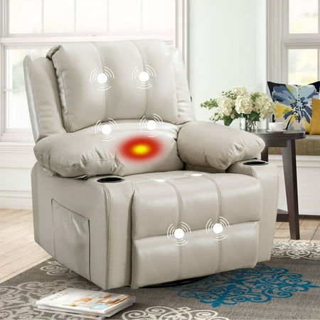 JONPONY Massage Swivel Rocker Recliner Chair with Vibration Massage and Heat Ergonomic Lounge Chair for Living Room with Rocking Function and Side Pocket, 2 Cup Holders, USB Charge Port,Beige