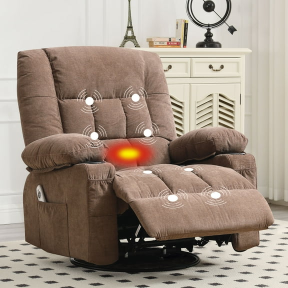 JONPONY Massage Swivel Rocker Recliner Chair with Vibration Massage and Heat Ergonomic Lounge Chair for Living Room with Rocking Function and Side Pocket, 2 Cup Holders, USB Charge Port,Brown