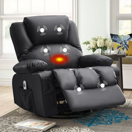 JONPONY Massage Swivel Rocker Recliner Chair with Vibration Massage and Heat Ergonomic Lounge Chair for Living Room with Rocking Function and Side Pocket, 2 Cup Holders, USB Charge Port,Black