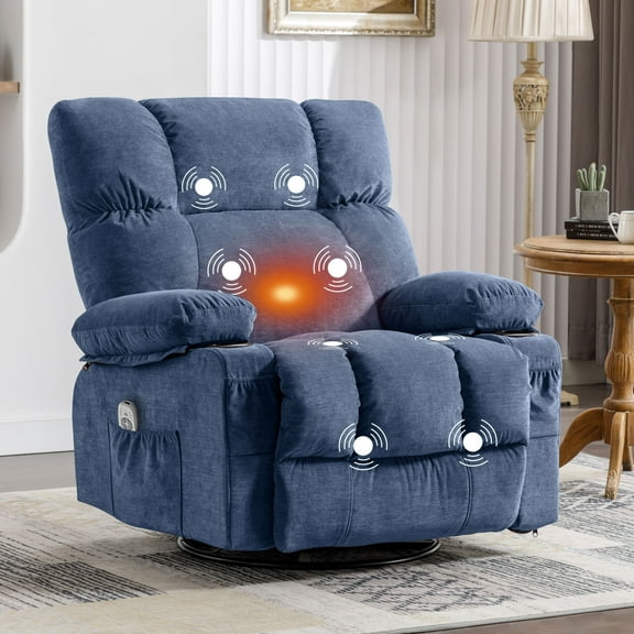 JONPONY Massage Swivel Rocker Recliner Chair with Vibration Massage and Heat Ergonomic Lounge Chair for Living Room with Rocking Function and Side Pocket, 2 Cup Holders, USB Charge Port,Blue