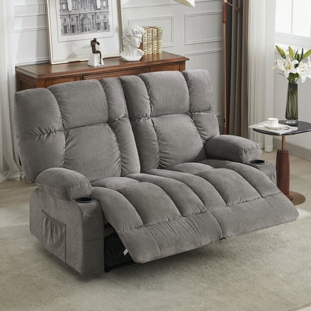 JONPONY Reclining Loveseat with Cup Holders for Living Room 2 Seat Manual Loveseat Recliner with Side Pocket,Grey