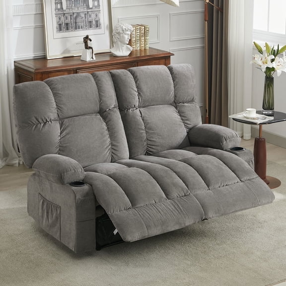 JONPONY Reclining Loveseat with Cup Holders for Living Room 2 Seat Manual Loveseat Recliner with Side Pocket,Grey