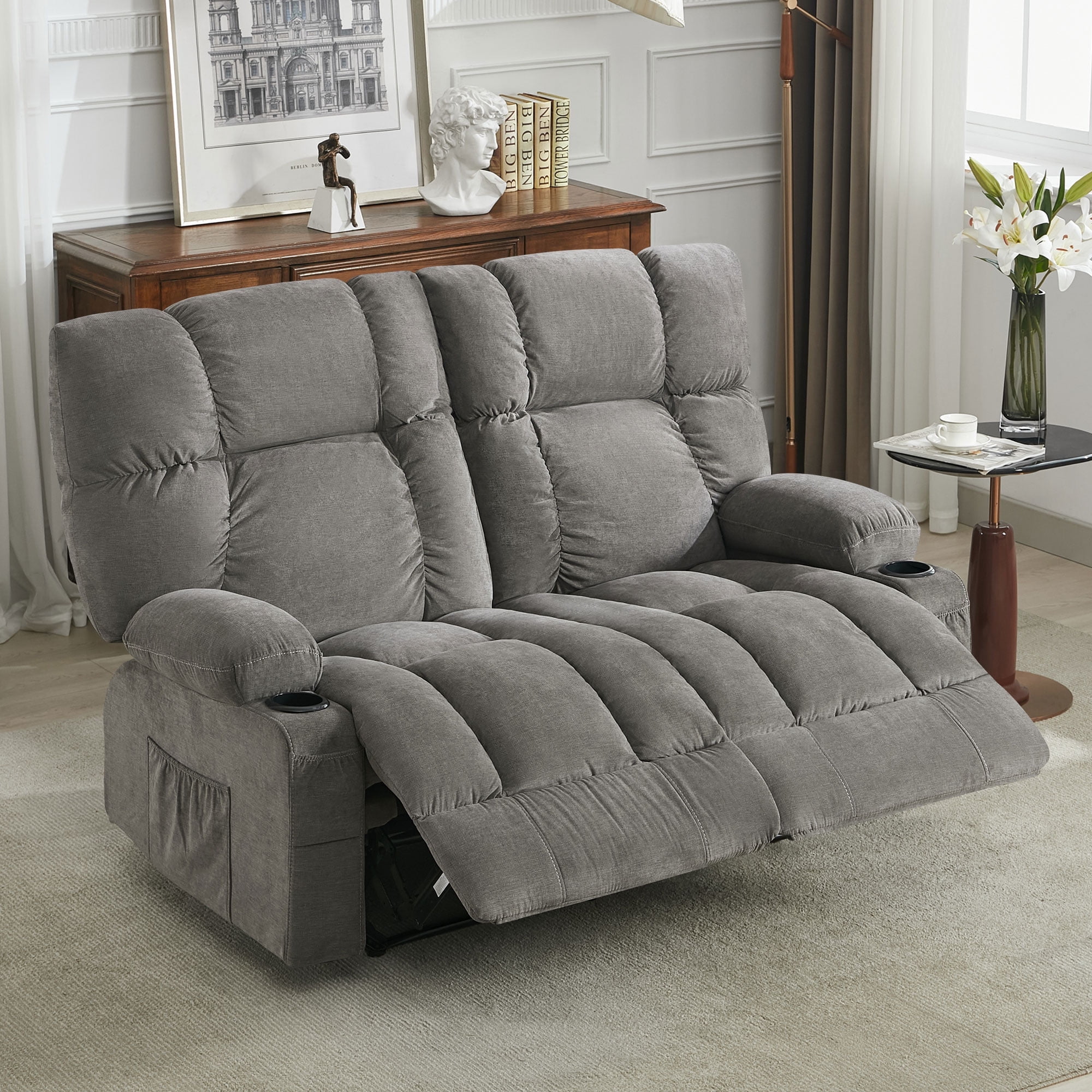 JONPONY Massage Swivel Rocker Recliner Chair Vibration Heat Ergonomic Lounge Living Room Rocking Function Side Pocket 2 Cup Holders USB Charge Port B