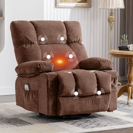 JONPONY Massage Swivel Rocker Recliner Chair with Vibration Massage and Heat Ergonomic Lounge Chair for Living Room with Rocking Function and Side Pocket, 2 Cup Holders, USB Charge Port,Brown