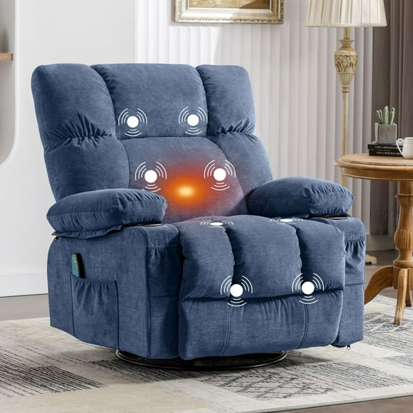 JONPONY Massage Swivel Rocker Recliner Chair with Vibration Massage and Heat Ergonomic Lounge Chair for Living Room with Rocking Function and Side Pocket, 2 Cup Holders, USB Charge Port,Blue