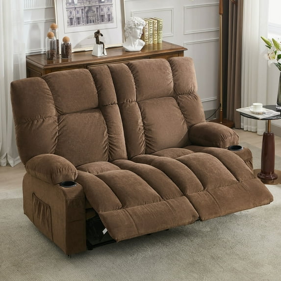 JONPONY Reclining Loveseat with Cup Holders for Living Room 2 Seat Manual Loveseat Recliner with Side Pocket,Brown