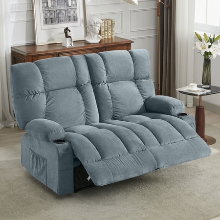 JONPONY Reclining Loveseat with Cup Holders for Living Room 2 Seat Manual Loveseat Recliner with Side Pocket,Blue
