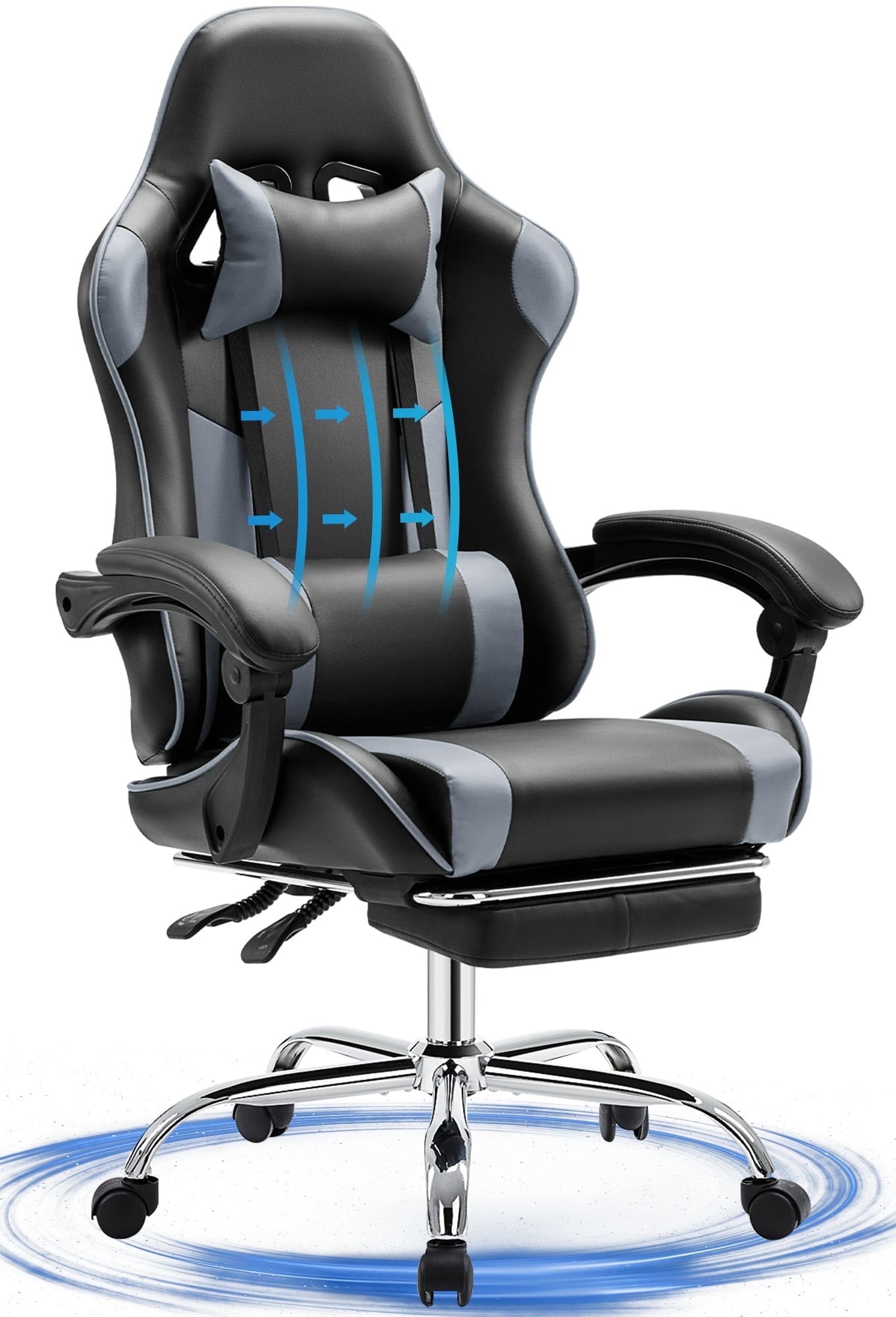 JONPONY Big and Tall Gaming Chair, Computer Chair with Footrest and Lumbar Support, Height Adjustable Game Chair with Headrest and Swivel Seat，BLACK