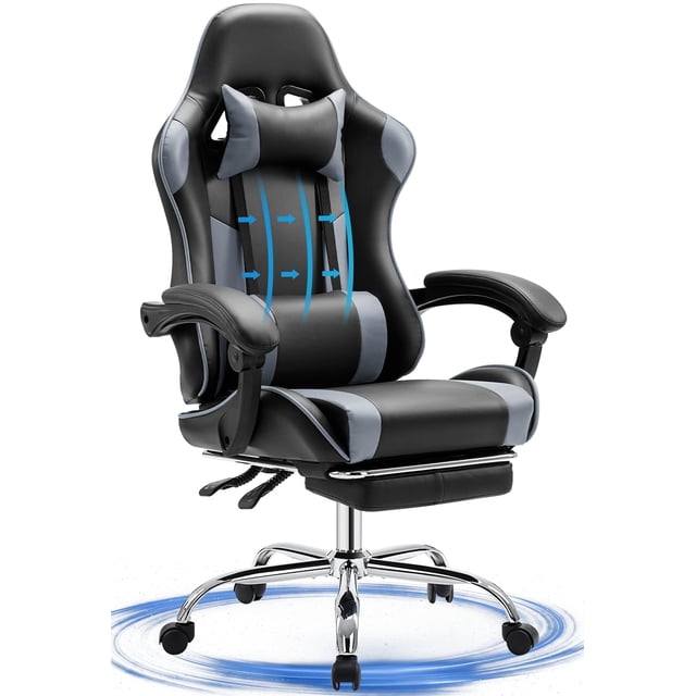 JONPONY Big and Tall Gaming Chair, Computer Chair with Footrest and Lumbar Support, Height Adjustable Game Chair with Headrest and Swivel Seat,BLACK