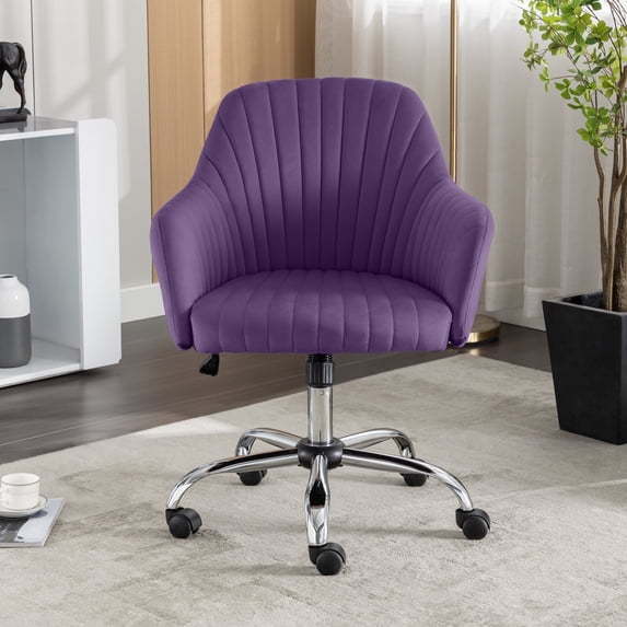JONPONY Home Office Desk Chair, Velvet Vanity Chair with Back and Wheels, 360 Swivel, Height Adjustable, Armless Design, Rolling Chair for Vanity Room, Makeup Room, Bedroom, Classroom, PURPLE