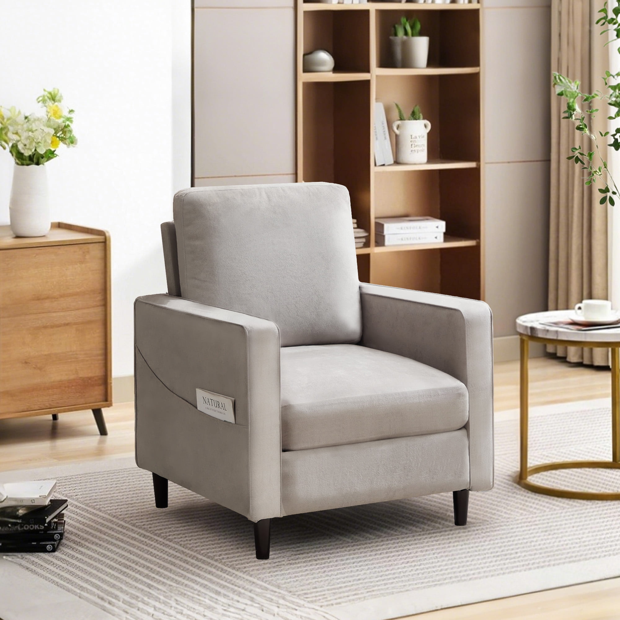 JONPONY Mid Century Modern Accent Chair, Single Fabric Lounge Reading Armchair with Solid Wood ...