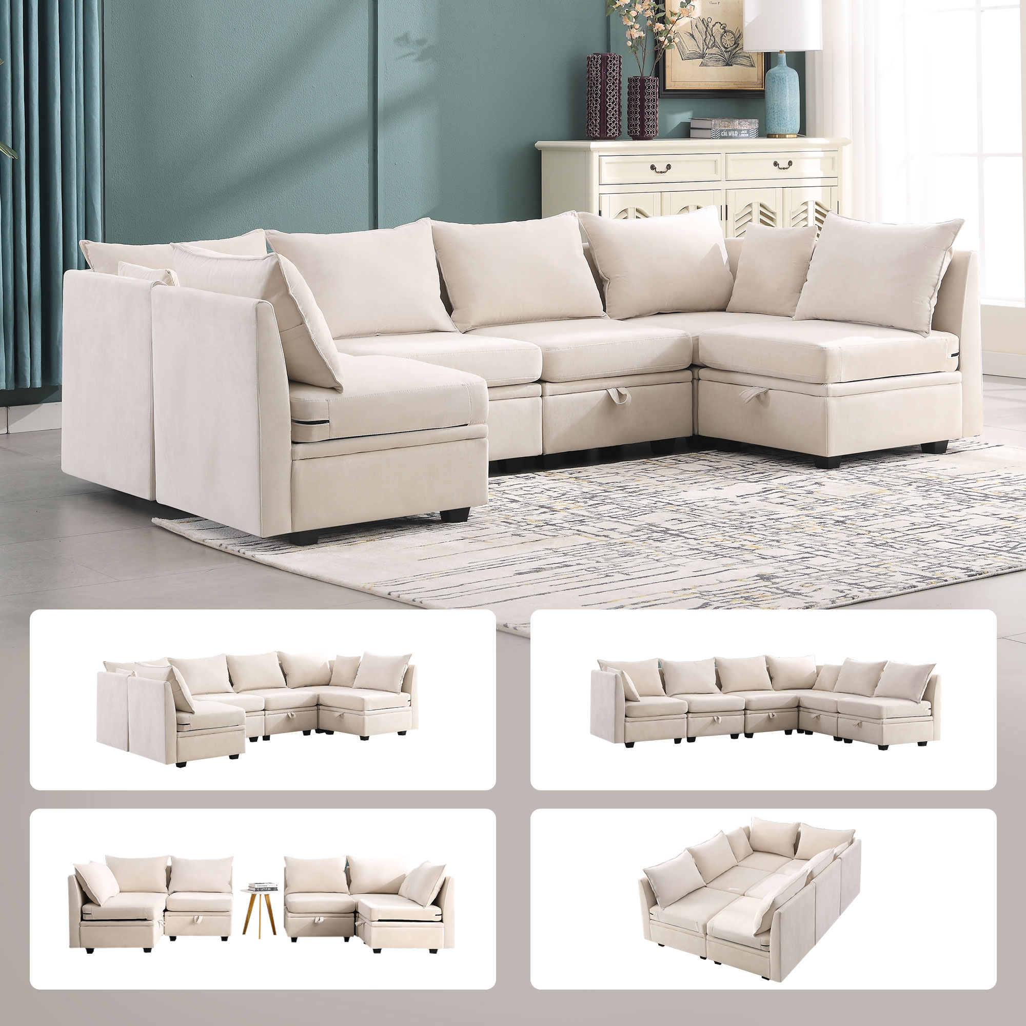 114" Modular U-Shaped Sectional Sofa With Storage & Ottoman - Waterproof Beige Cloud Couch (8 Seater)