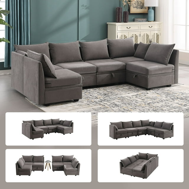 "JONPONY 110"" Extra Large Modular Couch and U Shaped Sofa with Oversize Storage Sectional, Grey