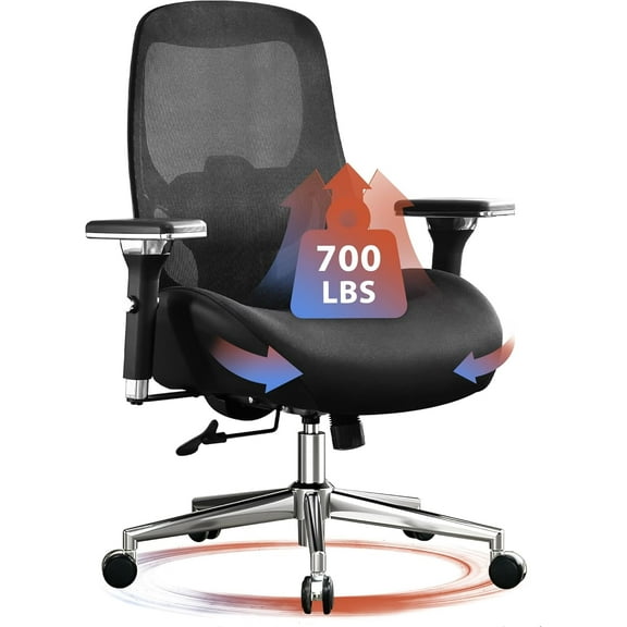 JONPONY 700lbs Big and Tall Office Chair with Wide Thick Seat Cushion,Ergonomic Computer Mesh Desk Chairs with 4D Armrests, Adjustable Lumbar Support for Adults 8 Hours daliy Work,Black