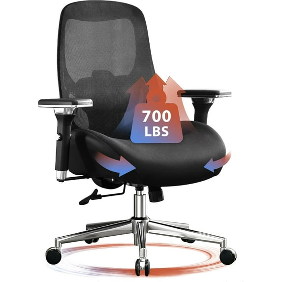 JONPONY 700lbs Big and Tall Office Chair with Wide Thick Seat Cushion,Ergonomic Computer Mesh Desk Chairs with 4D Armrests, Adjustable Lumbar Support for Adults 8 Hours daliy Work,Black