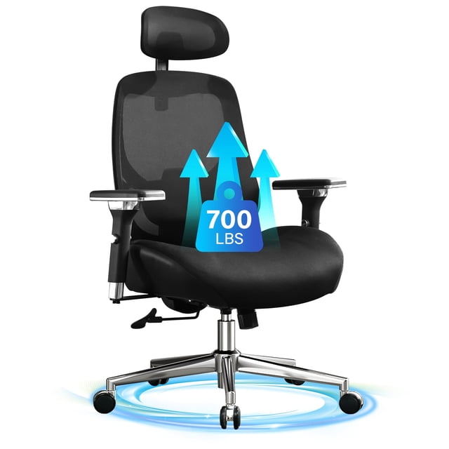 JONPONY 700lbs Big and Tall Office Chair with Wide Thick Seat Cushion for Sitting All Day,Ergonomic Mesh Desk Chair with Adjustable Lumbar Support and Headrest ,4D Armrests,Black