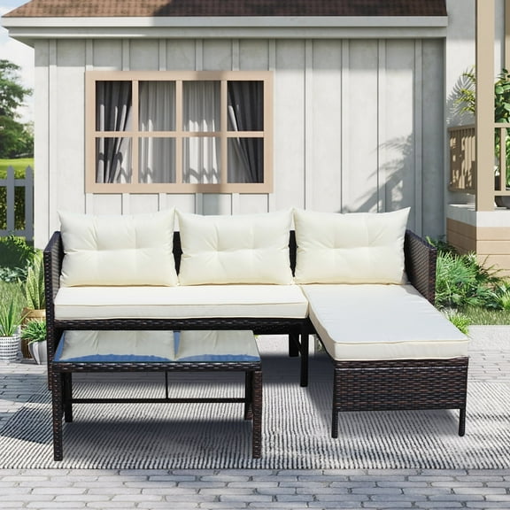 JONPONY Outdoor Patio Furniture sets 3 piece Conversation set wicker Ratten Sectional Sofa With Seat Cushions(Beige Cushion)