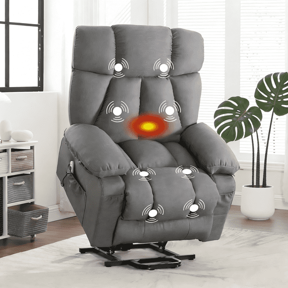 JONPONY Oversize Power Lift Recliner Chair with Heat and Massage, Lay Flat Assist Recliner with Side Pocket, USB Charge Port for Living Room,Grey