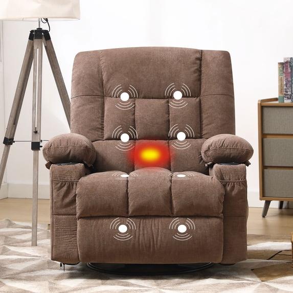 JONPONY Oversize Recliner Chair, Swivel Rocker Recliner Chair for Adults, Upholstered Manual Recliner with Side Pockets,Massage Swivel Rocker Recliner Chair for Living Room, Brown