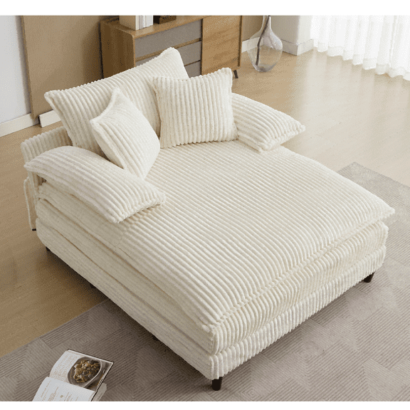 JONPONY Oversized 64''x54'' Chaise Lounge Chair Indoor, Upholstered Sofa Bed, Sleeper Couch Reading Chairs Fluffy Plush Faux Fur Cloud Sofas Couches with Adjustable Back for Living Room, Beige