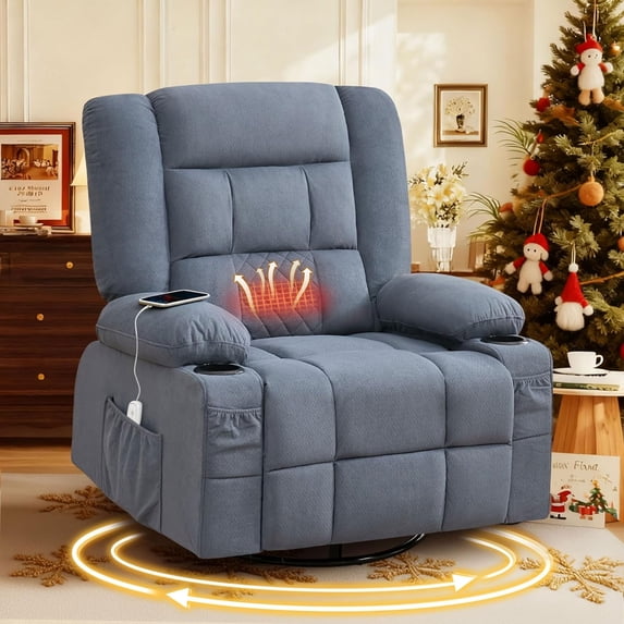 JONPONY Oversized Massage Swivel Recliner Chair with 4-Point 3D Kneading Massage and Heat for Living Room with Rocking Function 2 Cup Holders, USB Charge Port,Blue