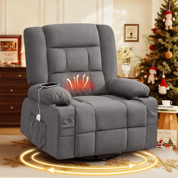 JONPONY Oversized Massage Swivel Recliner Chair with 4-Point 3D Kneading Massage and Heat for Living Room with Rocking Function 2 Cup Holders, USB Charge Port,Grey