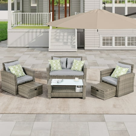 JONPONY Patio Furniture Rattan Sectional Sofa Set, Outdoor Furniture, All-Weather PE Wicker Furniture, 6 Set Wicker Furniture With Tempered Glass Coffee Table
