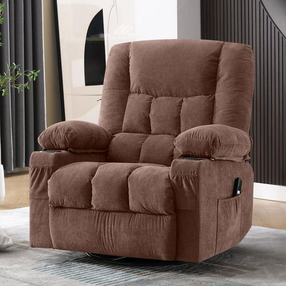 JONPONY Power Swivel Recliner Chair with Rocking Function for Adults, Oversized Rocker Recliner Single Sofa with Ergonomic, Side Pocket, Two Cup Holders for Living Room,Brown