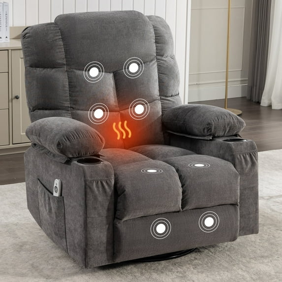 JONPONY Massage Rocker Recliner Chair with Vibration Massage and Heat Ergonomic Lounge Chair for Living Room with Rocking Function and Side Pocket, 2 Cup Holders, USB Charge Port,Gray