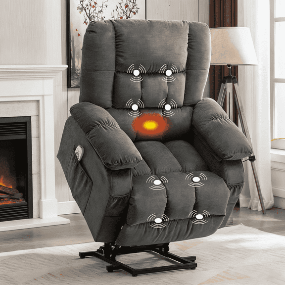 JONPONY Power Lift Recliner Chair for Elderly with Heat and Massage, Lay Flat Assist Recliner with Side Pocket for Living Room,Grey