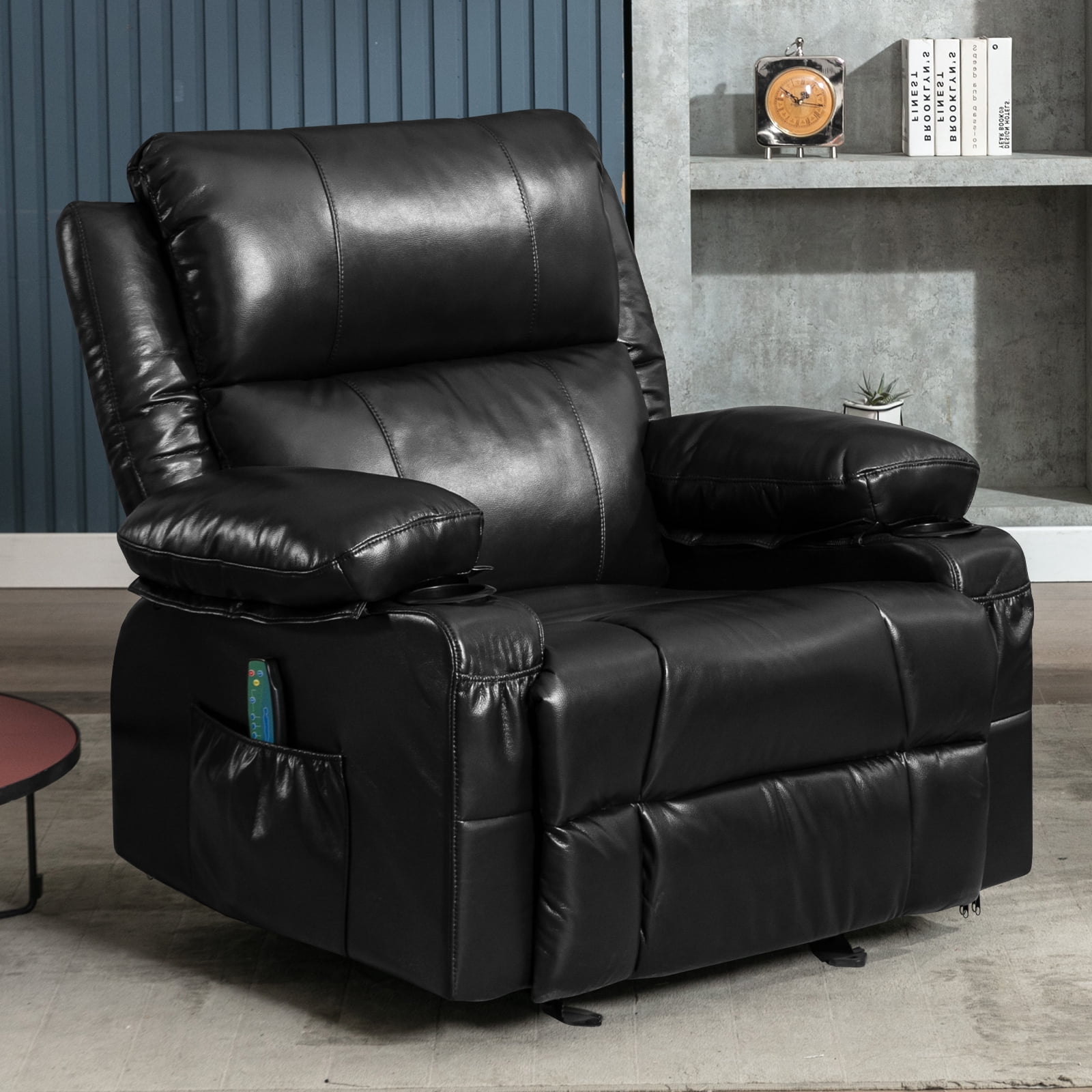 JONPONY Recliner Chair Rocker Recliner with Massage and Heat Leather Reclining Chair Manual Rocking Recliner Chair with 2 Cup Holders USB Charge Port