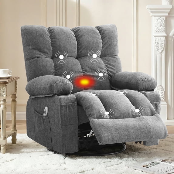 JONPONY Recliner Chair, Swivel Rocker Recliner Chair for Adults, Upholstered Manual Recliner with Side Pockets,Elderly Single Rocker Sofa with Cup Holders for Bedroom Home Theater,Grey