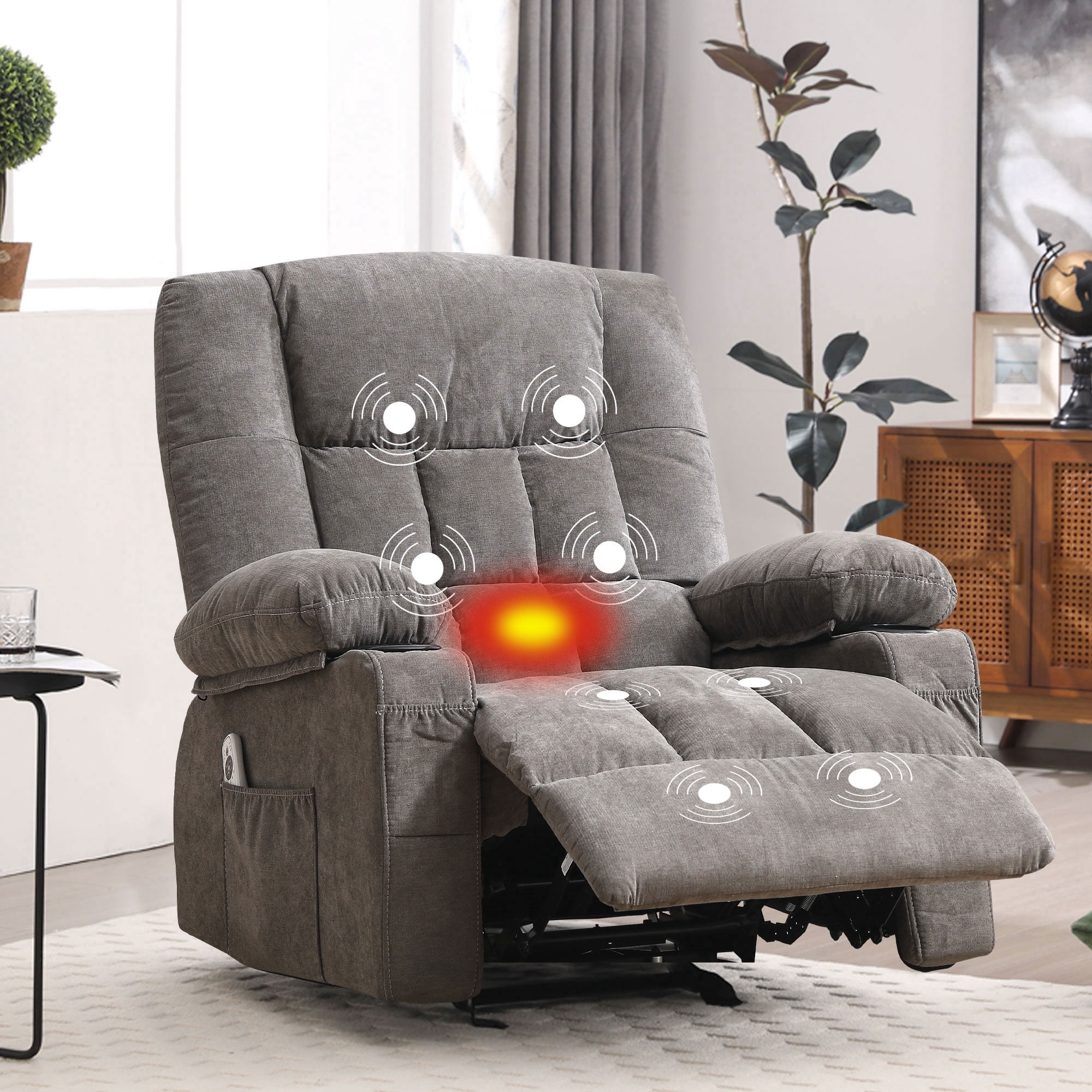 JONPONY Recliner Chair, Rocker Recliner Chair for Adults, Upholstered Manual Recliner with Side Pockets,Massage Rocker Recliner Chair for Living Room, Grey